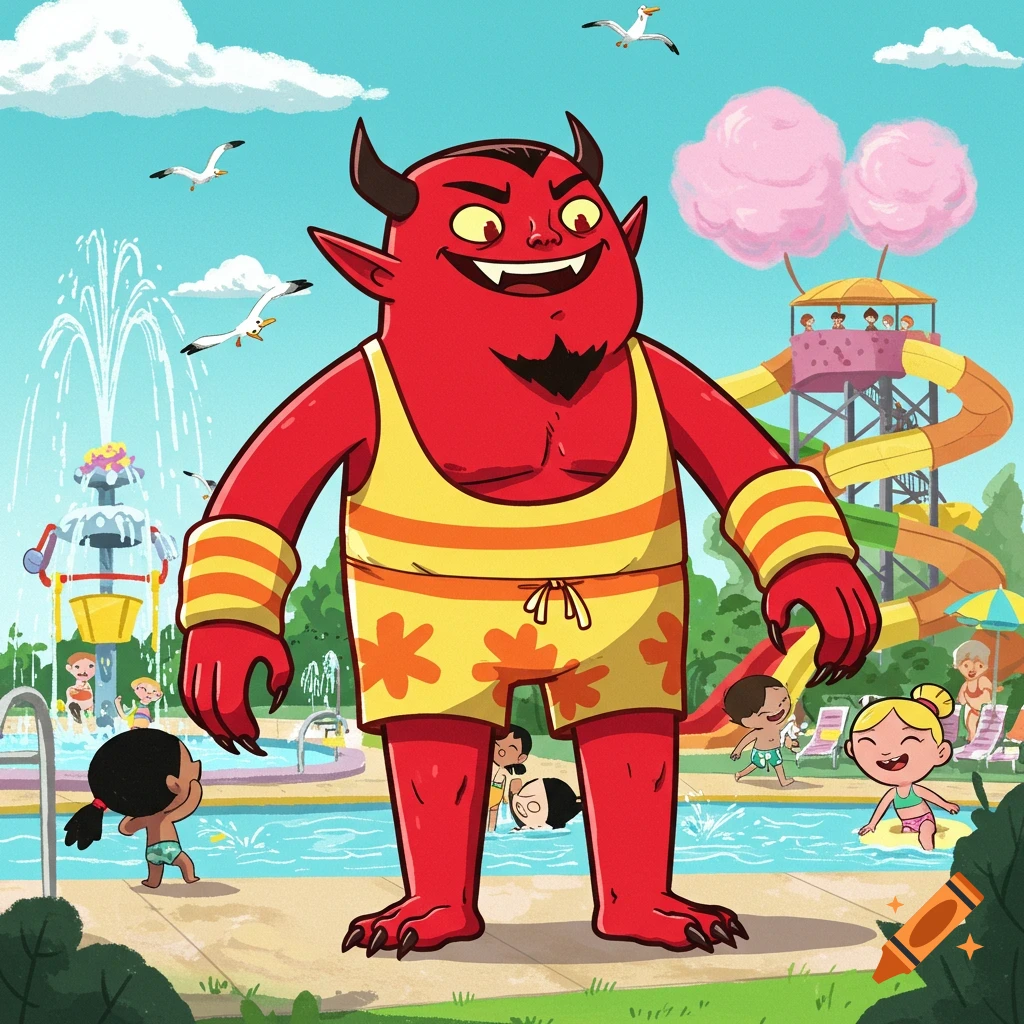 A red cartoon demon in a yellow and orange striped bathing suit stands at a bright waterpark, with children playing in pools and on waterslides.