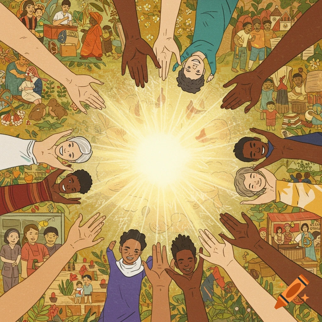 An illustration of diverse hands and smiling faces in a circle, reaching towards a bright light at the center. In the background are various scenes of community life.