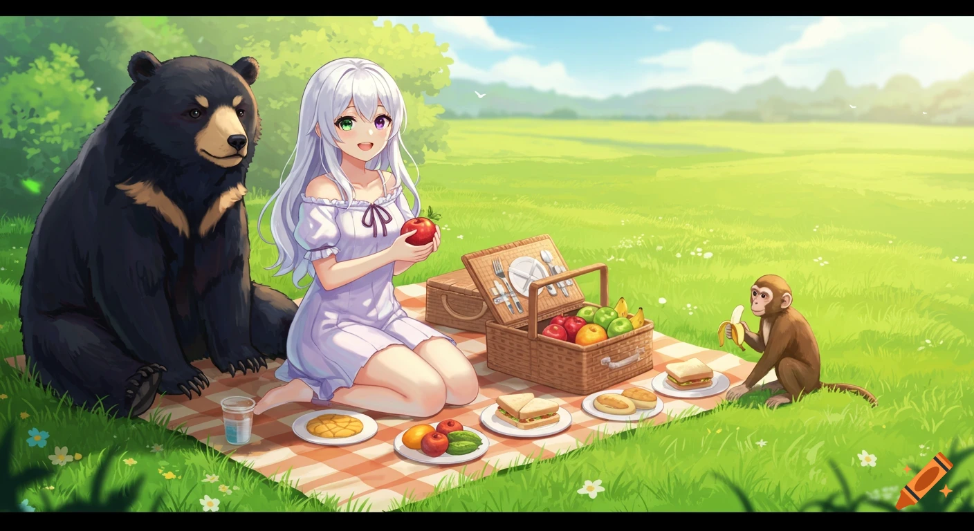 An anime girl, a bear, and a monkey have a picnic on a sunny grassy field. The girl holds an apple, the monkey eats a banana.
