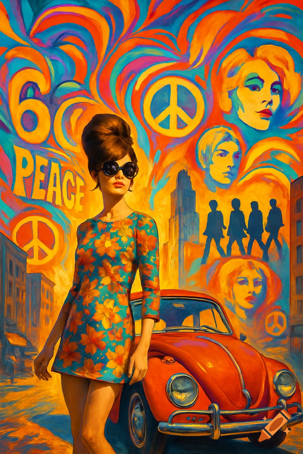 Vibrant psychedelic painting of a woman in 60s fashion next to a red car, with peace signs and 'PEACE 60' text.