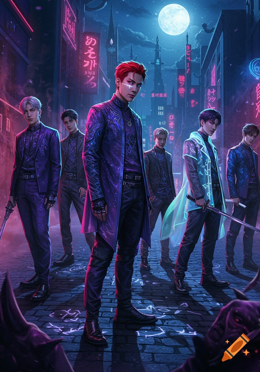 Six male figures, possibly kpop demon hunters, pose with swords on a neon-lit cyberpunk city street at night, in a detailed digital art style.