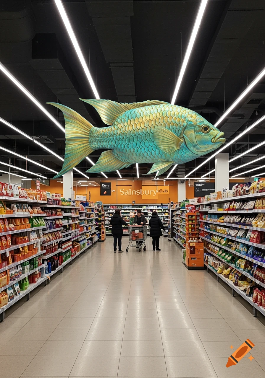 A large, colorful fish sculpture hangs from the ceiling of a Sainsbury's supermarket aisle, with shoppers below.
