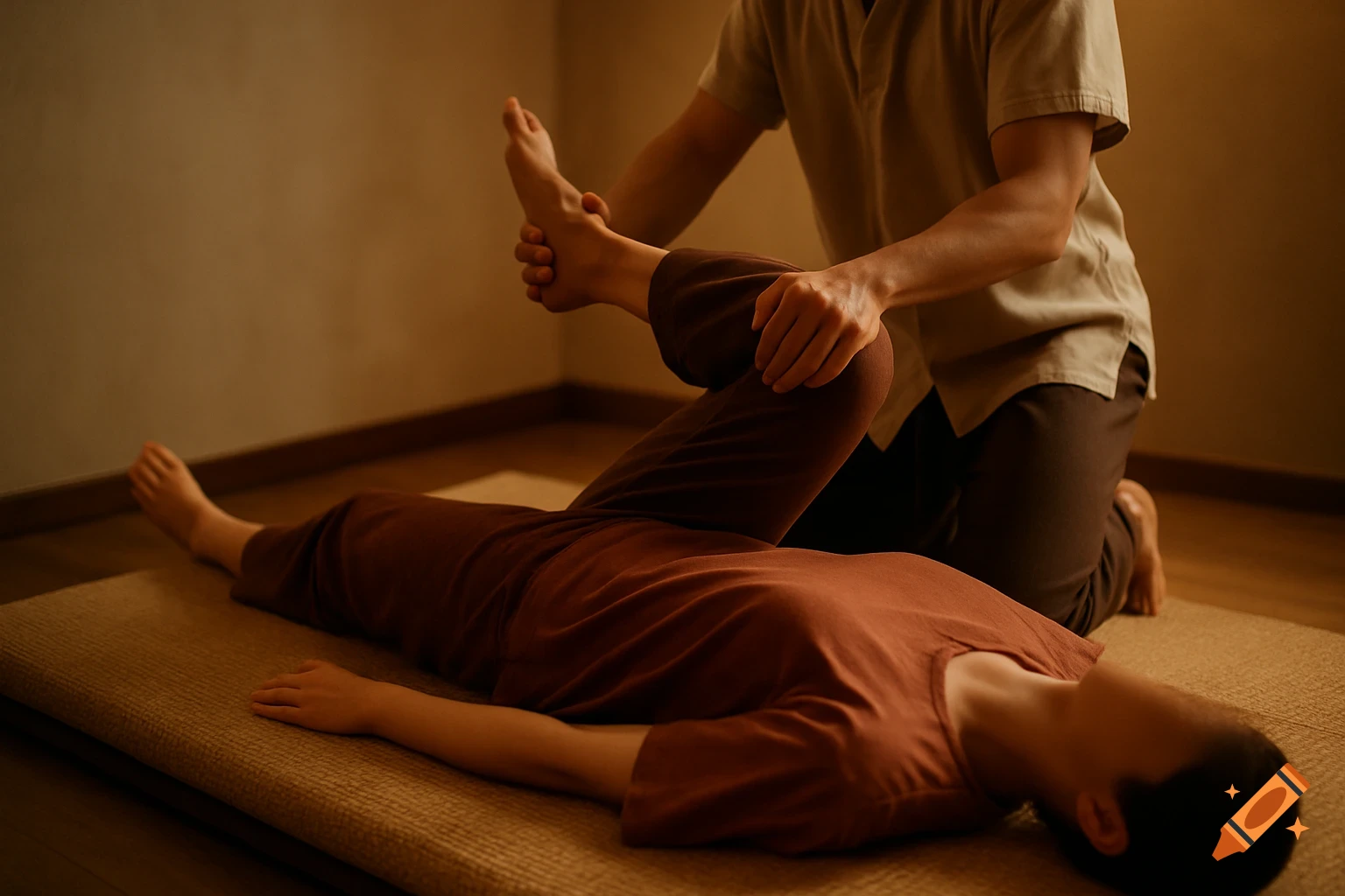 Two people in a warm, natural setting during a Thai massage, one on a mat and the other stretching their leg.