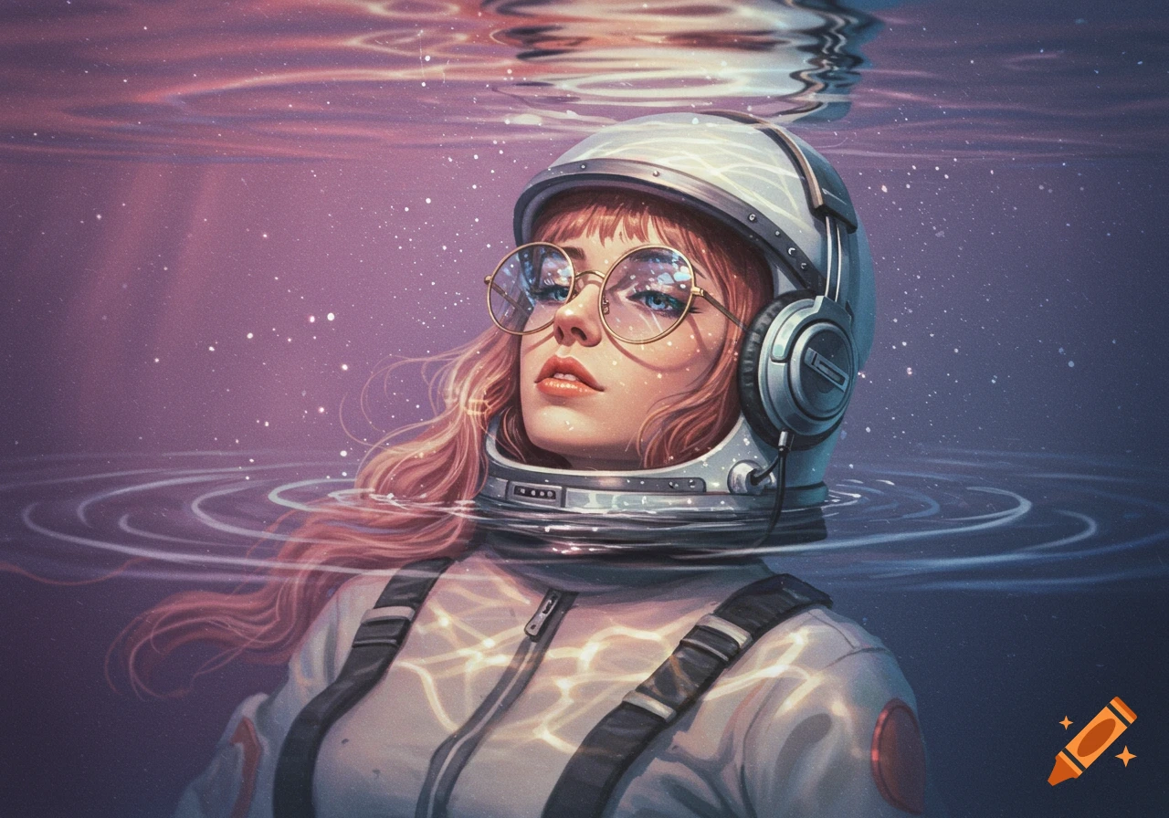 A dreamy spacegirl in a retro helmet, headphones, and glasses floats in water, with ripples and reflections, against a purple, ethereal, starry background.