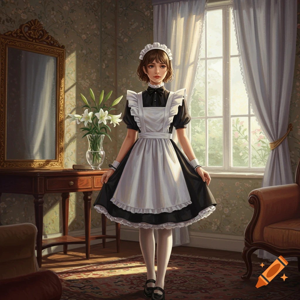 A woman in a black and white maid outfit stands in a sunlit Victorian room with a mirror and lilies.