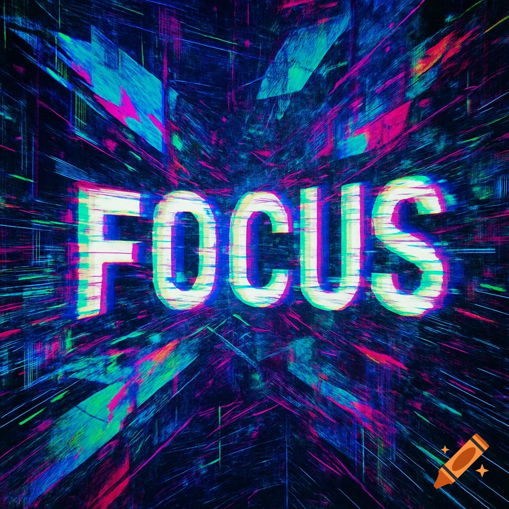 Glitchcore style image of the word 'FOCUS' in bold white letters, surrounded by distorted, vibrant blue, pink, and green lines radiating from the center.