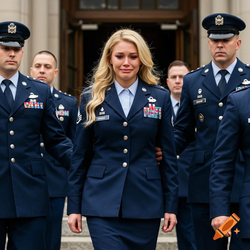 A photorealistic image of a distressed blonde woman in an Air Force uniform being escorted by two men in Air Force uniforms.