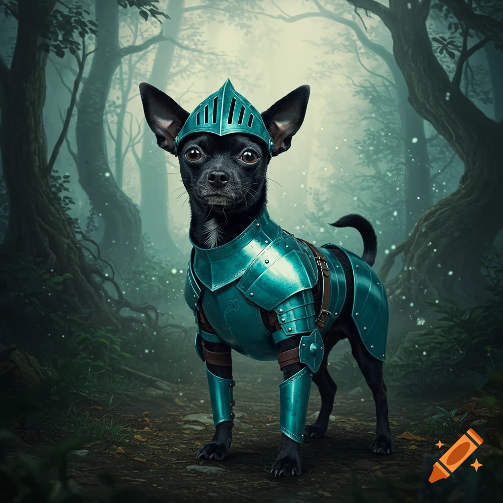 A photorealistic black chihuahua in turquoise knight armor and helmet stands proudly in a mystical forest.