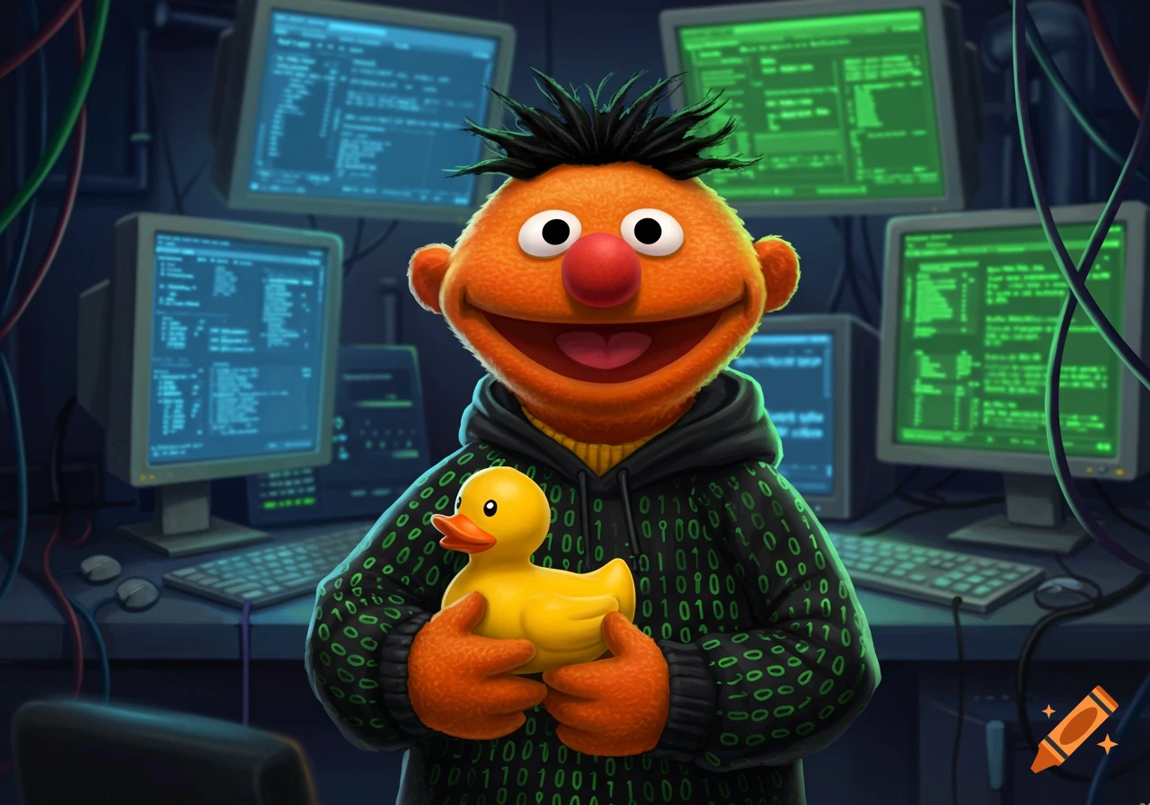 Ernie the Muppet dressed as a computer hacker, holding a yellow rubber duckie, surrounded by computer monitors displaying code.