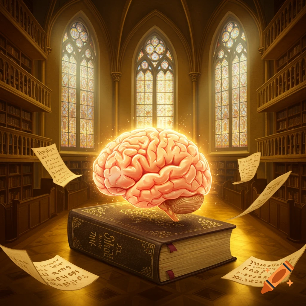 A glowing brain rests on an old, ornate book in a grand library with stained glass windows, surrounded by floating papers.