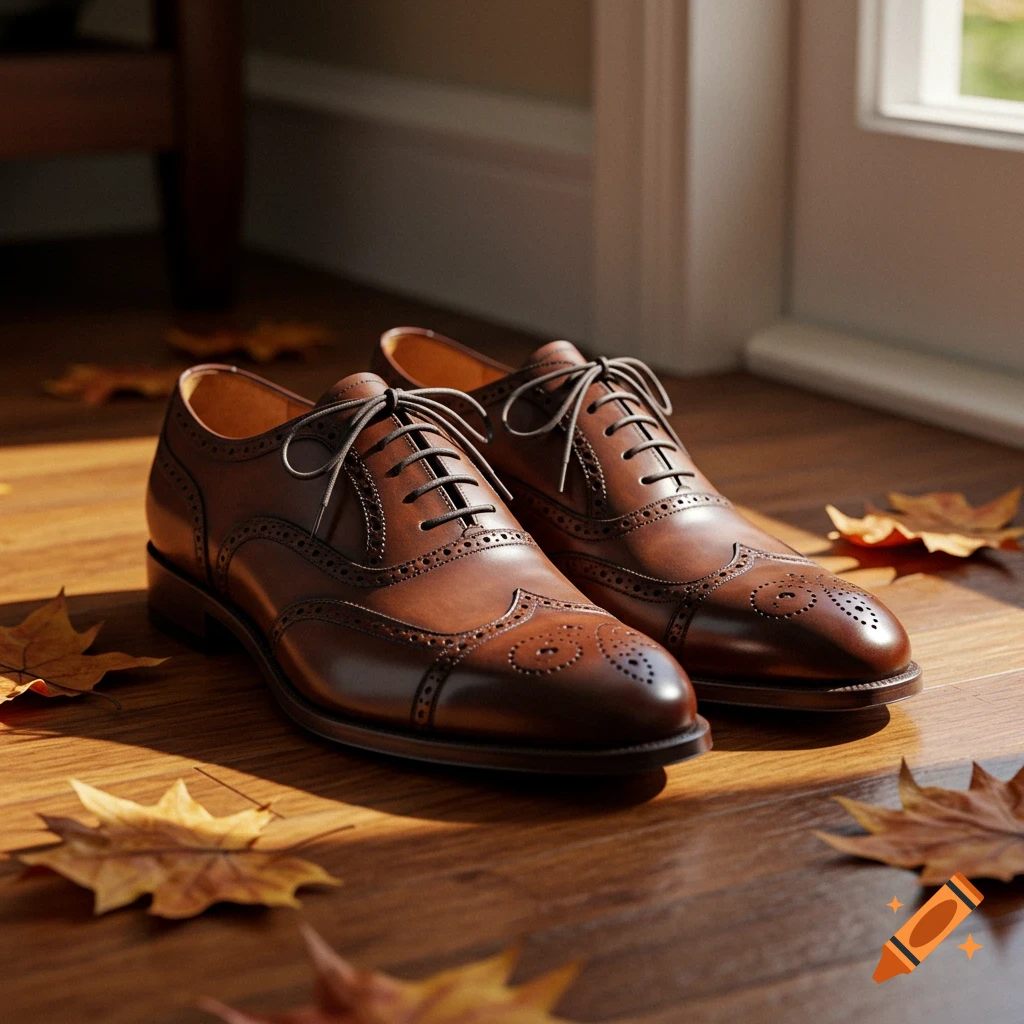 A pair of brown leather brogue shoes with laces on a wooden floor, surrounded by fallen autumn leaves. Sunlight casts shadows.