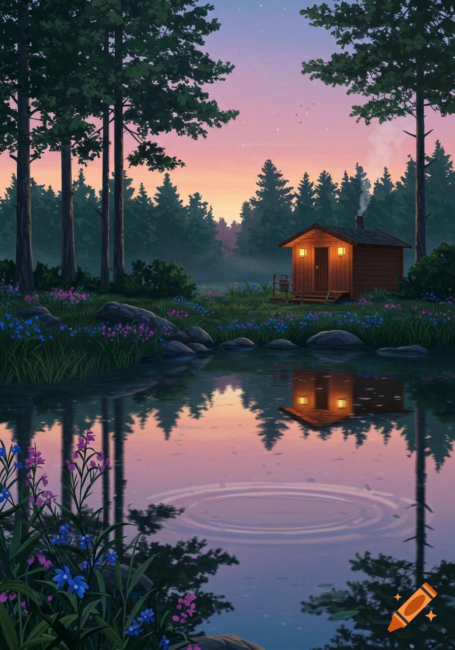 A serene illustration of a wooden cabin by a calm lake, reflecting a colorful sunset sky through tall pine trees and wildflowers.