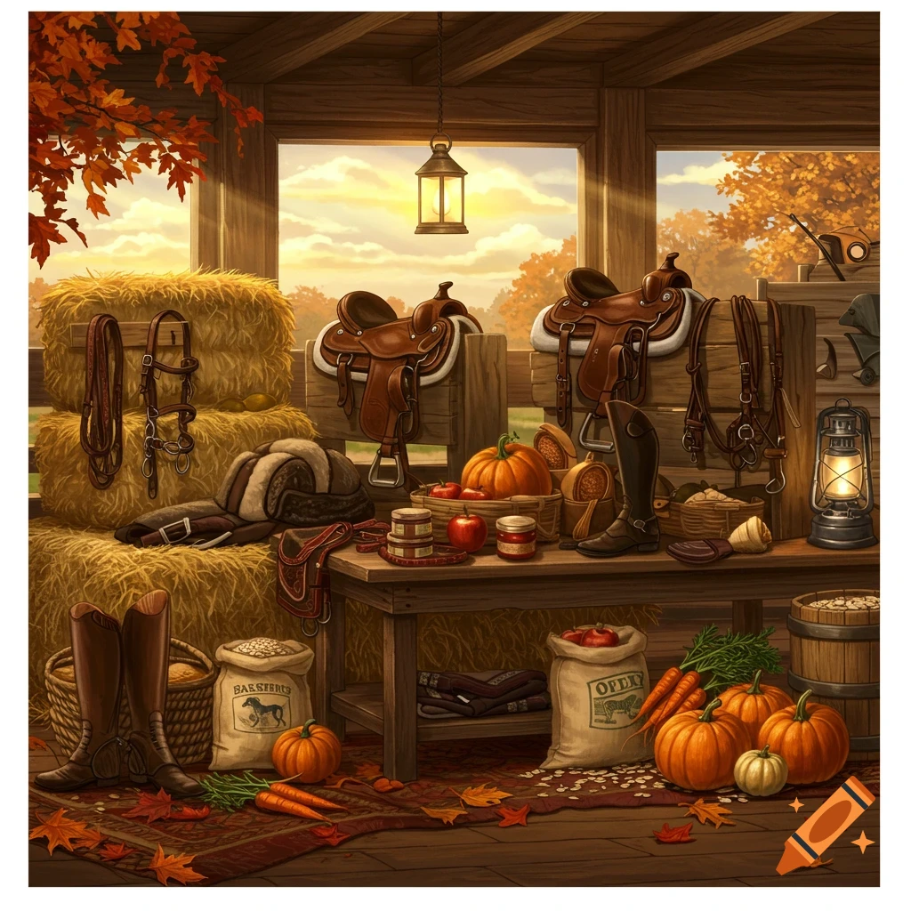 A warm, fall-themed barn interior with horse saddles, riding boots, hay bales, pumpkins, carrots, and lanterns.