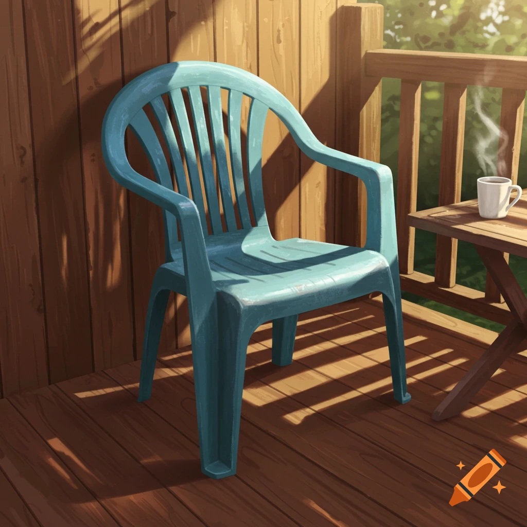 Blue plastic chair on a sunlit wooden deck next to a small table with a steaming mug, illustrated style.