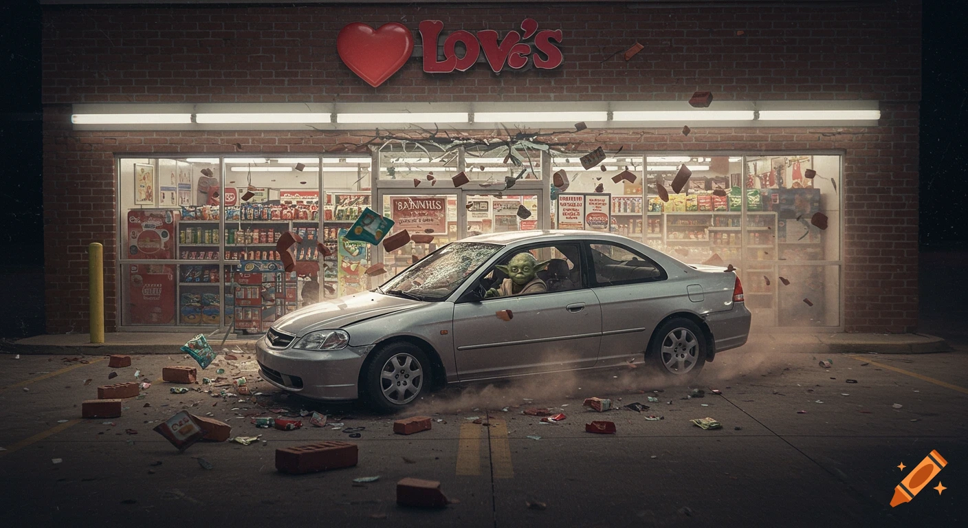 Photorealistic image of Yoda in a silver Honda Civic crashing through the front window of a Love's convenience store, with debris flying.