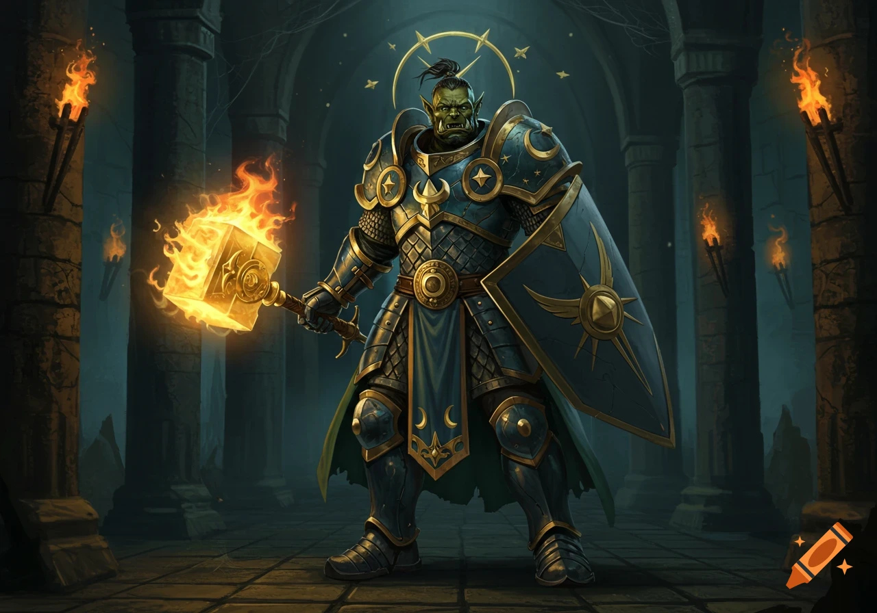 An orc paladin in ornate blue and gold armor, wielding a flaming warhammer and shield in a dungeon.