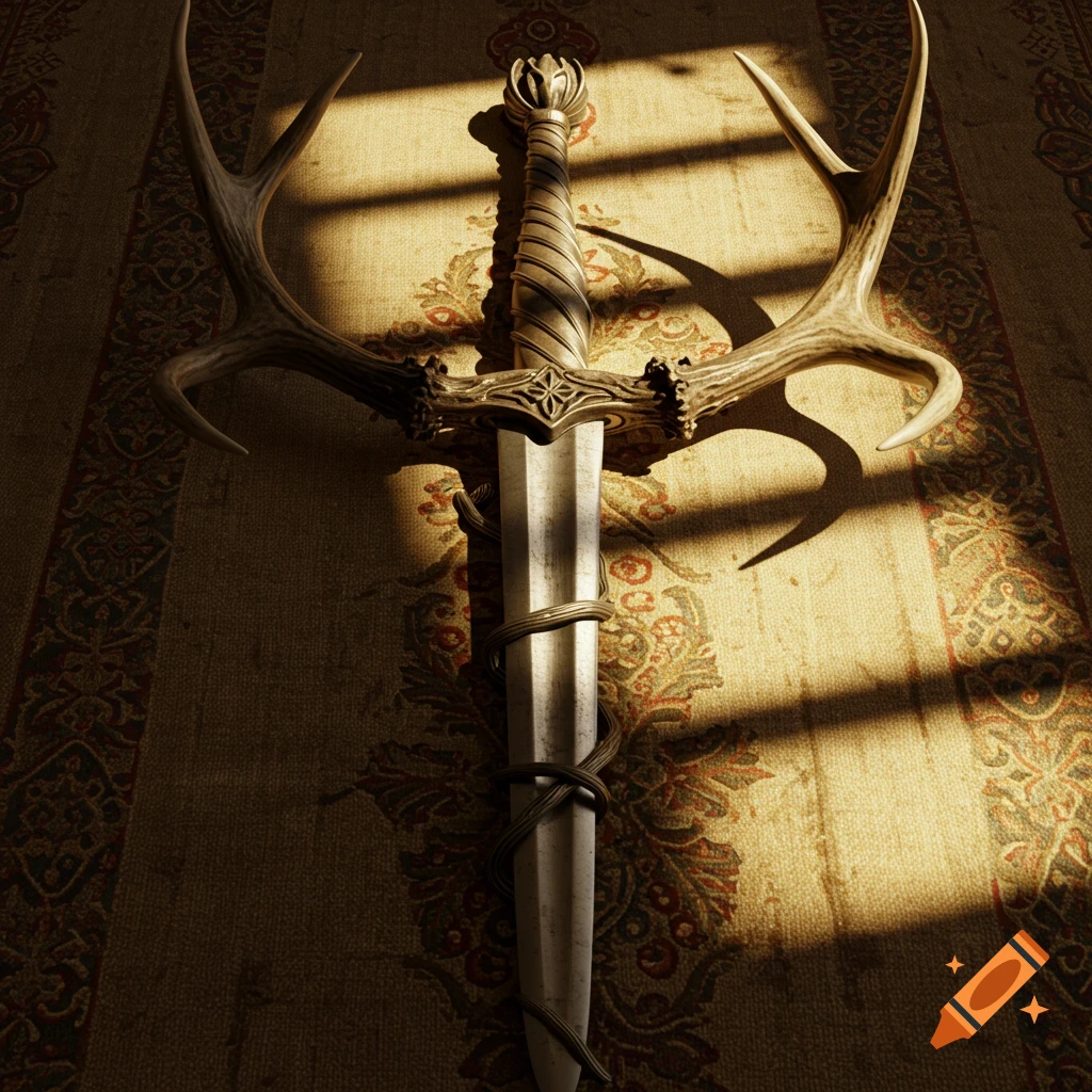 A decorative longsword with antlers wrapped around its hilt and blade, lying on a patterned tapestry bathed in sunlight.