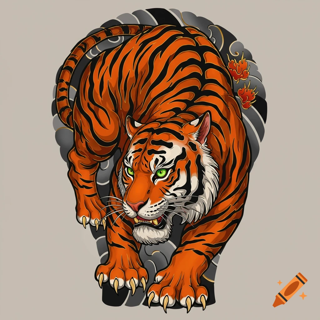 A stylized orange and black tiger with green eyes in a Japanese tattoo style, crouching against grey clouds and red flowers.