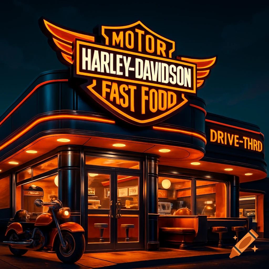 A neon-lit Harley-Davidson fast food diner at night, with an orange motorcycle parked out front.