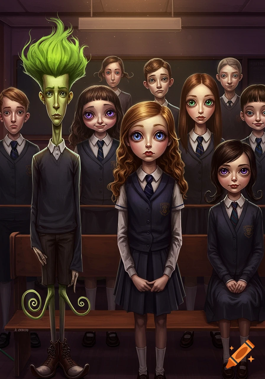 A group portrait of odd-looking, stylized students in school uniforms. One student is green-skinned with spiky green hair and elongated limbs. All have large, expressive eyes.