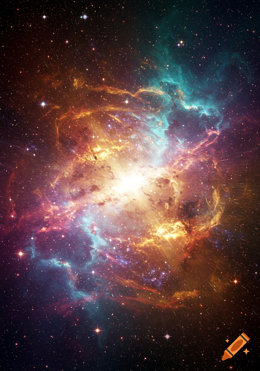 A vibrant cosmic nebula with a bright central explosion of light, surrounded by colorful gas clouds and countless stars.