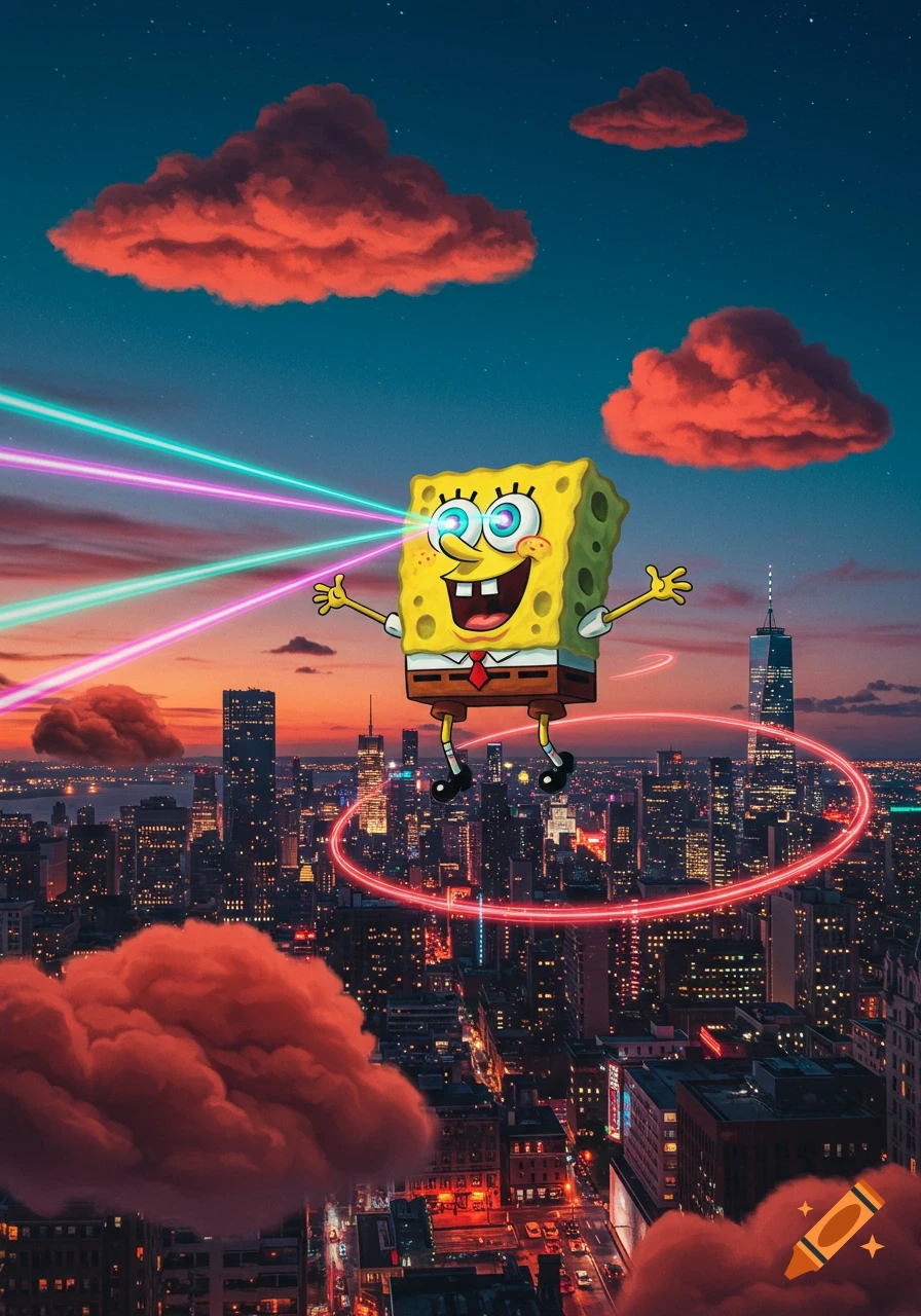 Spongebob Squarepants with laser eyes flies over a glowing cityscape at dusk.