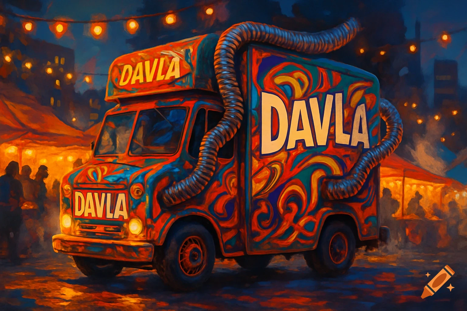 A vibrantly painted food truck with 'DAVLA' branding and corrugated hoses, illuminated by string lights at a bustling night market, in a painterly style.
