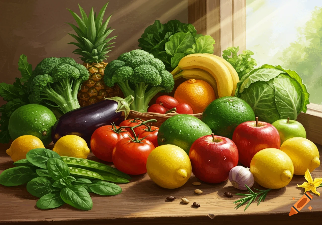 A vibrant still life of fresh fruits and vegetables, including apples, lemons, broccoli, pineapple, and tomatoes, on a wooden table by a window.