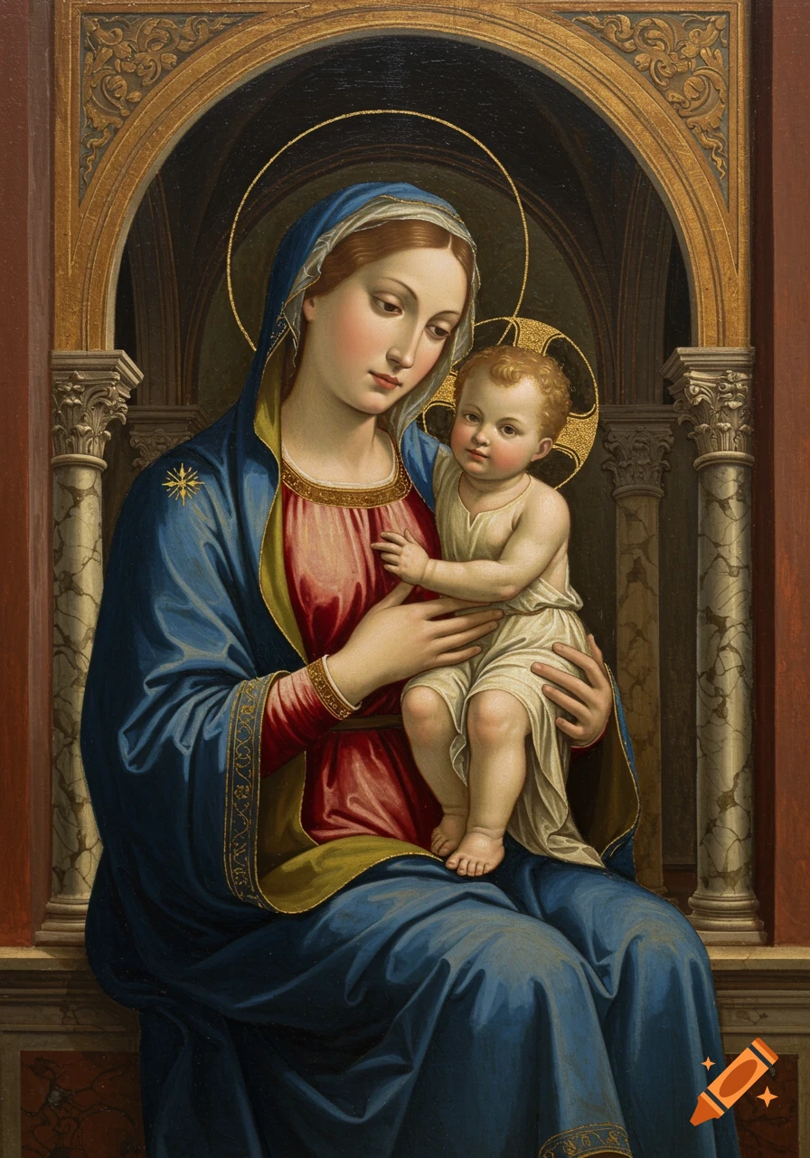 Oil painting of the Virgin Mary in blue and red robes holding baby Jesus with halos, against a golden arched background.