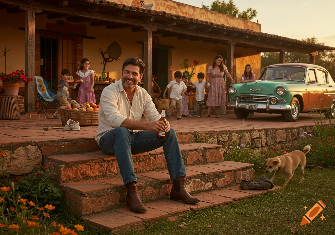 A man sits on brick steps, smiling with a beer, as children play, a woman stands by a vintage car, and a dog eyes a shoe in a sunny rural setting.