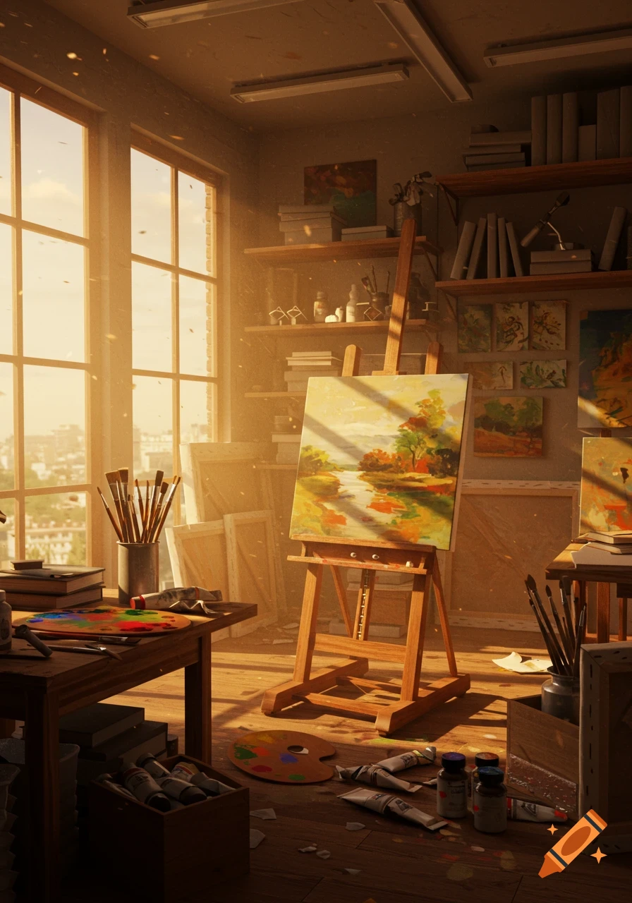 A sunlit art studio with an easel holding a landscape painting, art supplies, and bookshelves.