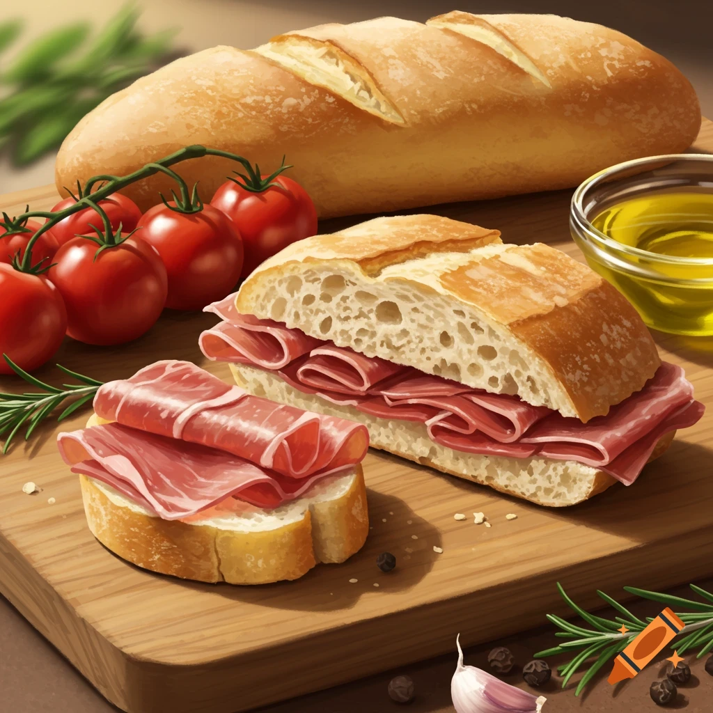 A serrano ham sandwich with a baguette, fresh tomatoes, olive oil, garlic, and rosemary on a wooden cutting board in a photorealistic style.