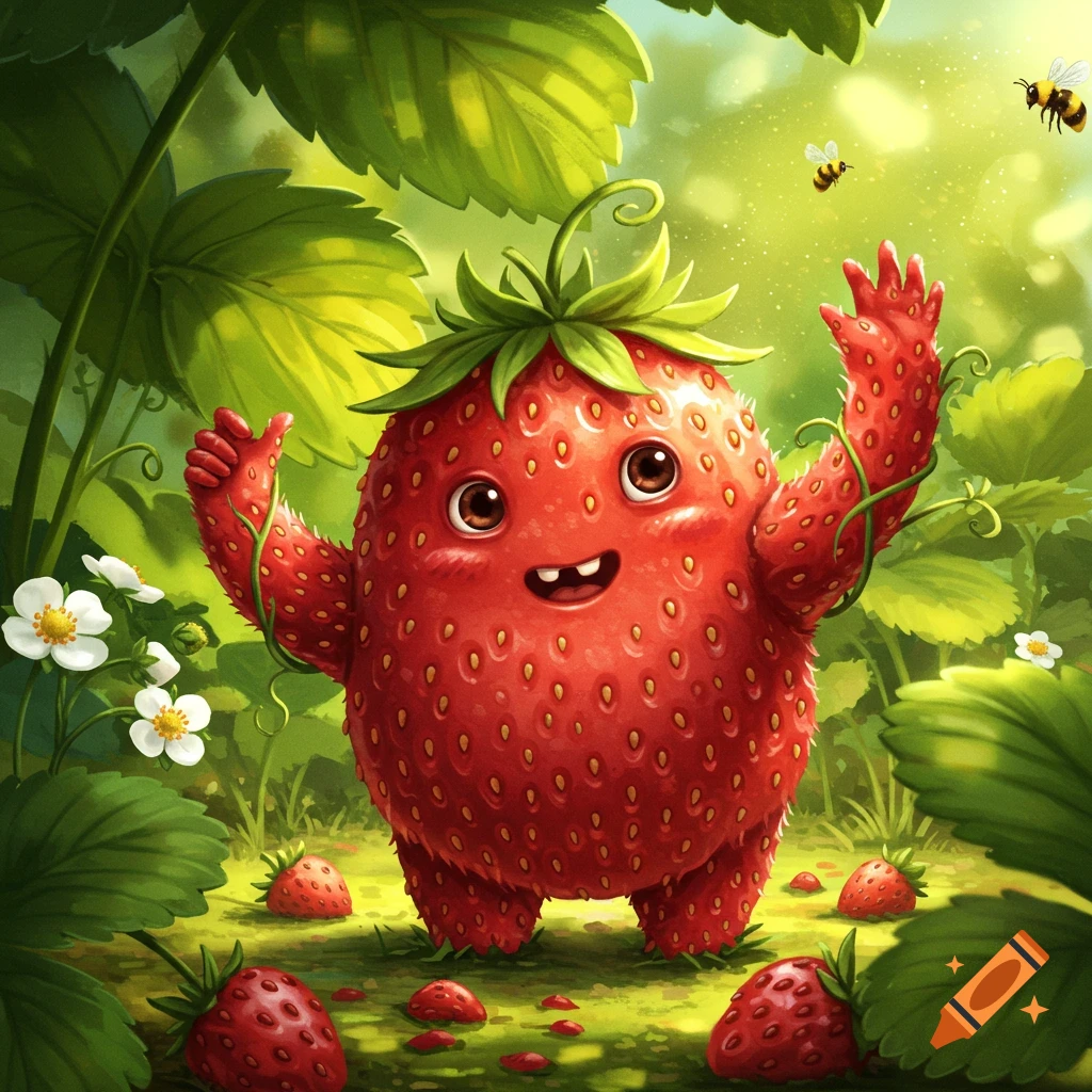 A cute, smiling strawberry monster with raised arms stands in a lush strawberry patch with bees flying around.