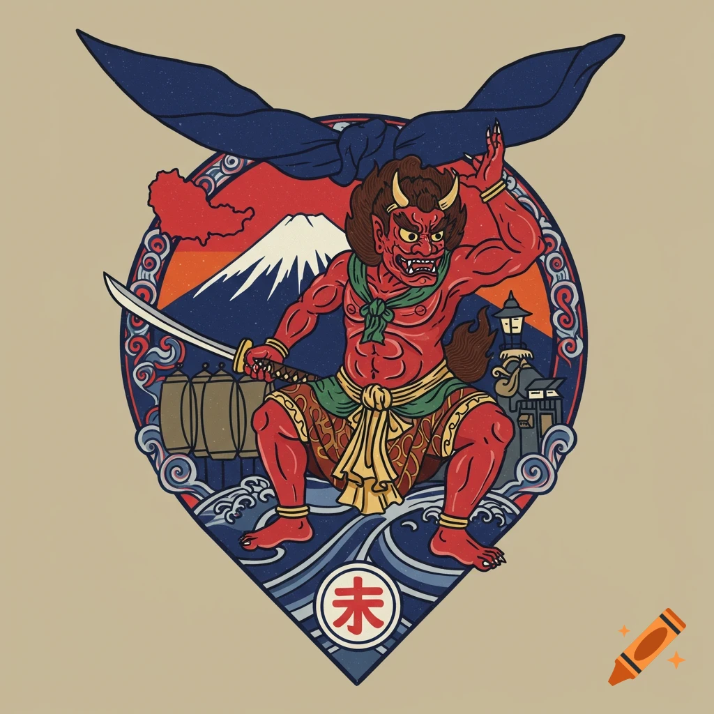 A stylized illustration of a red Japanese demon with a katana, Mount Fuji, and waves in a crest-like design.