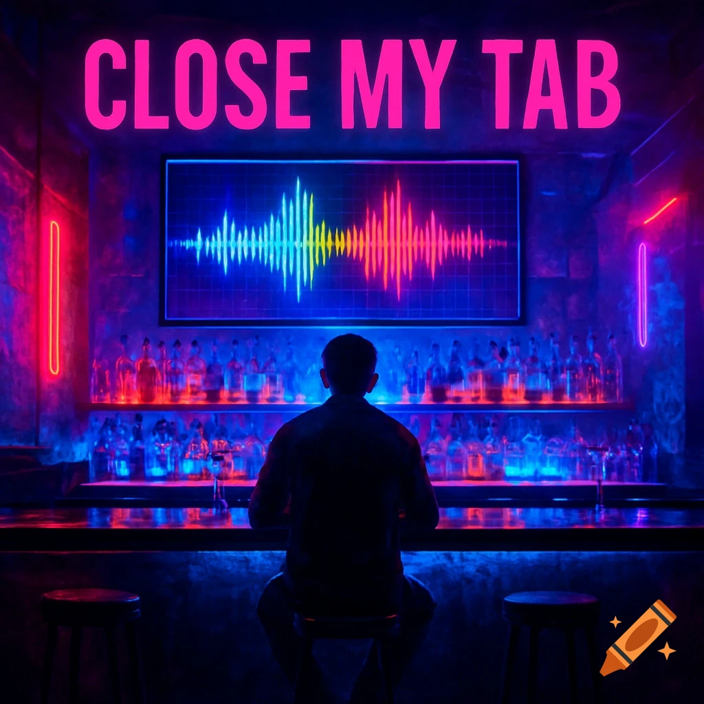 A person sits alone at a neon-lit bar, looking at a screen displaying a colorful sound wave, with "CLOSE MY TAB" text above.