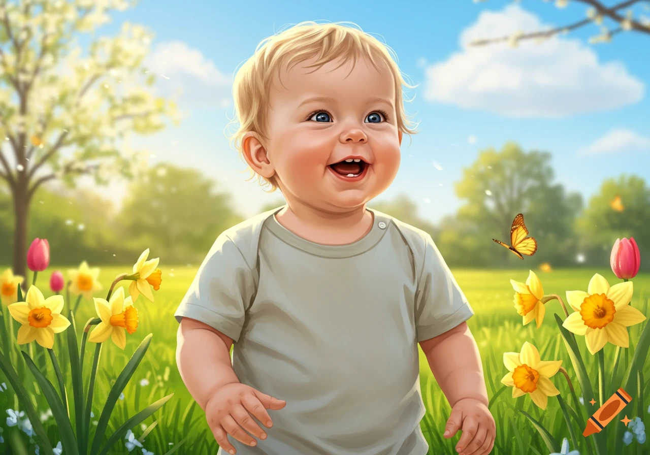 A happy baby with blond hair laughs in a sunny spring field with yellow daffodils and pink tulips, digital illustration.