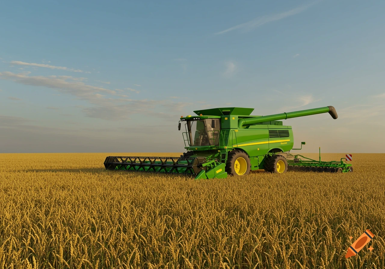 A green combine harvester stands in a vast golden wheat field under a blue sky.