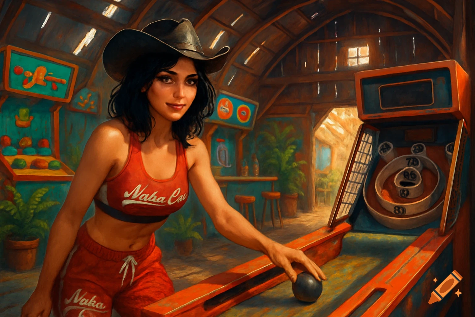 A woman in a cowboy hat and red athletic wear playing skeeball in a rustic barn arcade, painted in an oil style.
