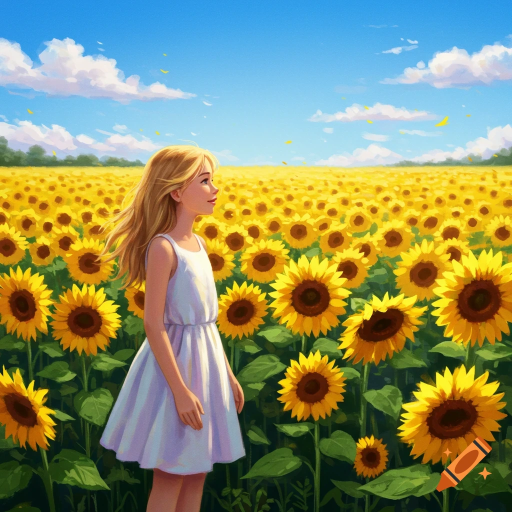 A young blonde girl in a white dress stands in a vibrant field of ...