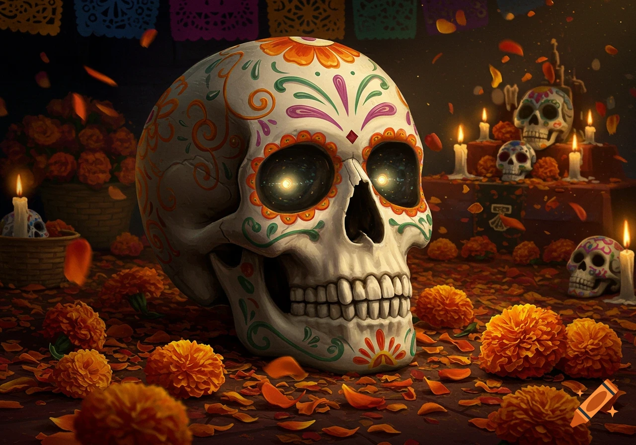 A vibrantly decorated sugar skull with glowing eyes, surrounded by orange marigolds and petals, with candles and other skulls in a dark, festive Day of the Dead scene.