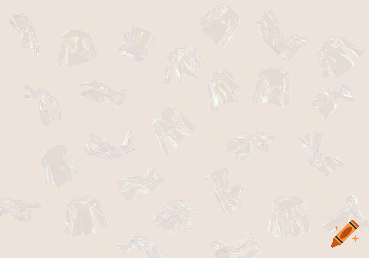 Seamless pattern of numerous transparent, iridescent fabric pieces and sleeves on a light background.
