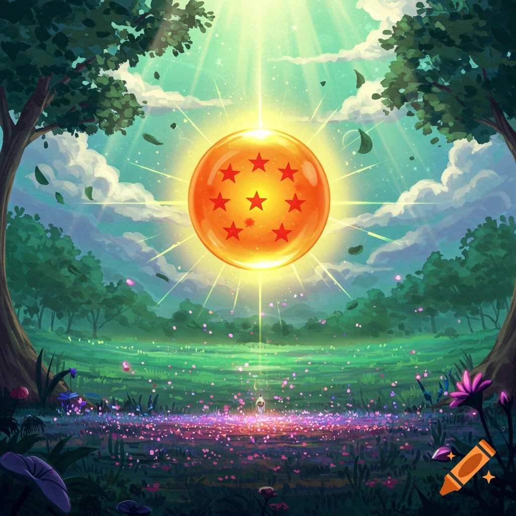 Vibrant illustration of a glowing 7-star Dragon Ball floating above a purple flower field in a sunny green forest.