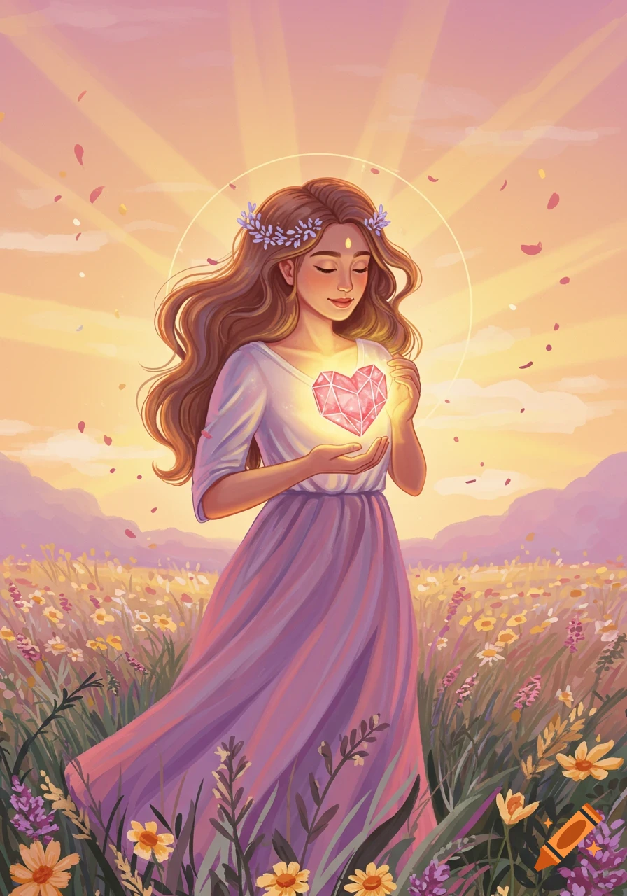 Digital illustration of a woman in a field of wildflowers at sunset ...