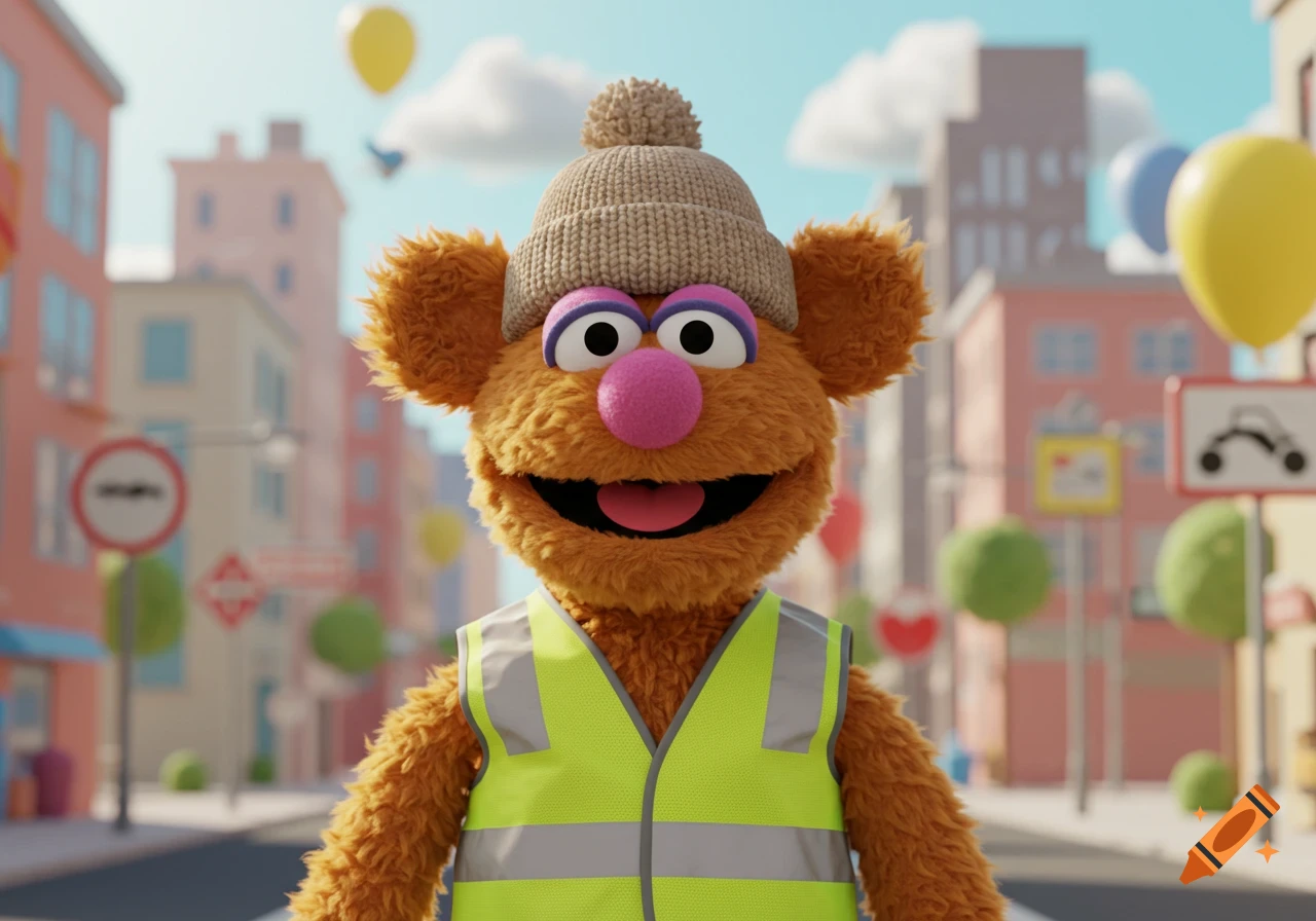 Fozzie Bear in a high-visibility vest and a knit hat smiles in a cartoon city street with buildings and balloons.