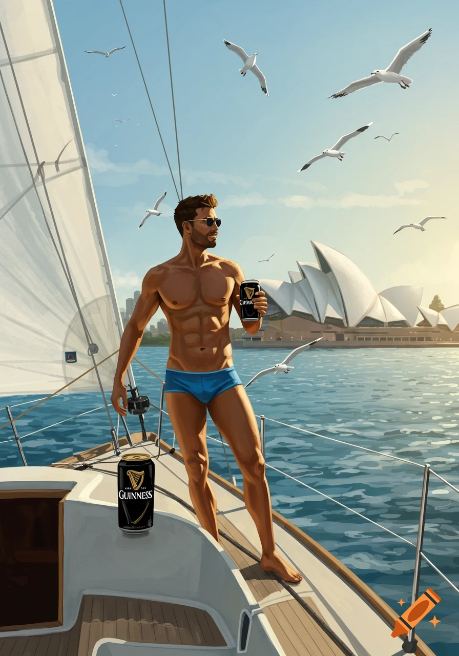 Illustrated man in blue speedos holding a Guinness can on a sailboat in Sydney Harbour with the Opera House.
