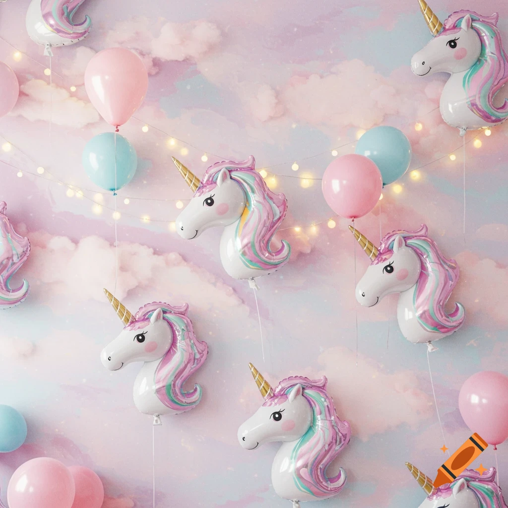 Unicorn and round pink and blue balloons with string lights against a pastel cloudy wall.
