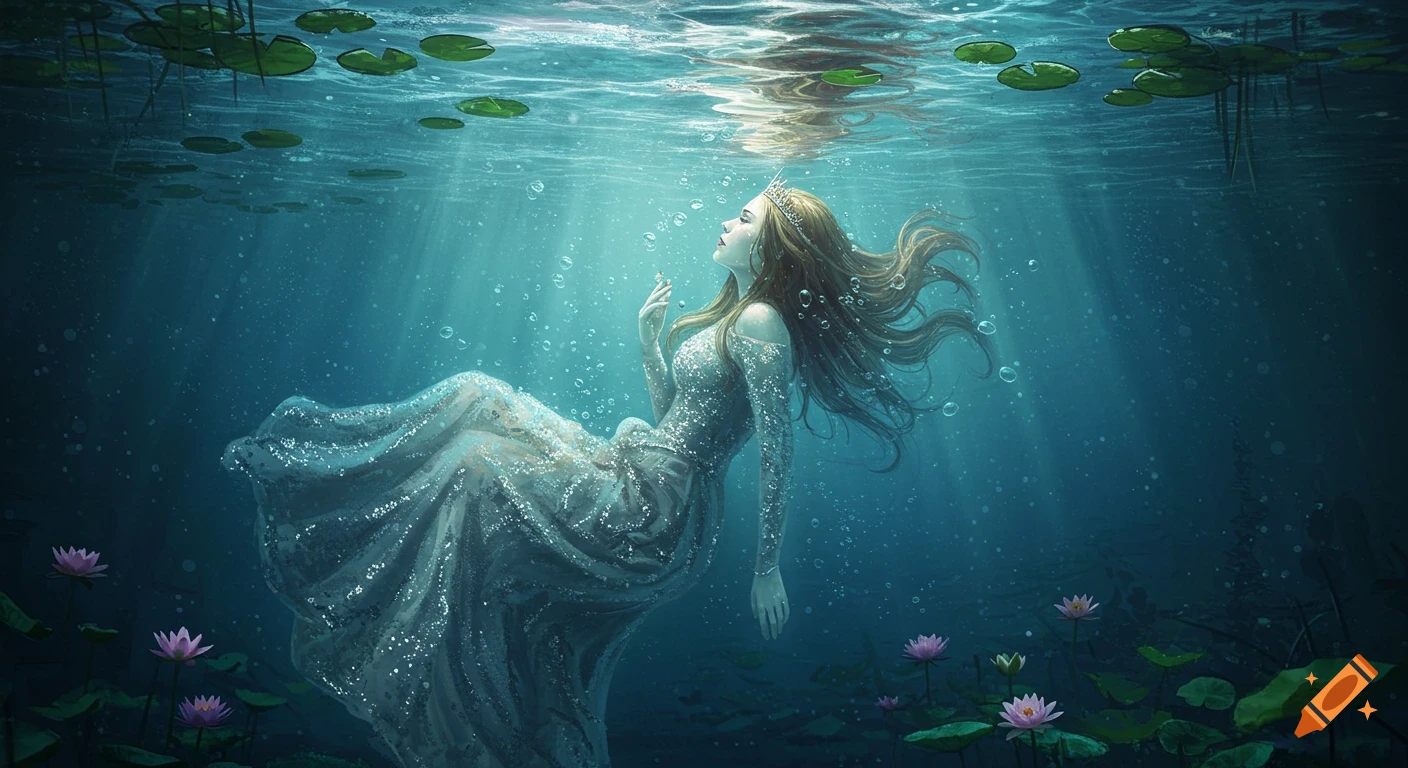 A princess with a crown and long hair floats serenely underwater in a sparkly dress, surrounded by bubbles, lily pads, and water lilies. Sunbeams filter through the water from above.