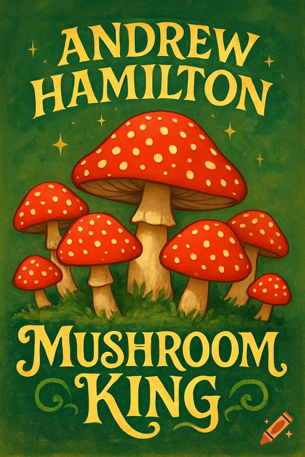 A stylized poster with red-capped, white-spotted mushrooms on a green background, with golden text "Andrew Hamilton" and "Mushroom King".