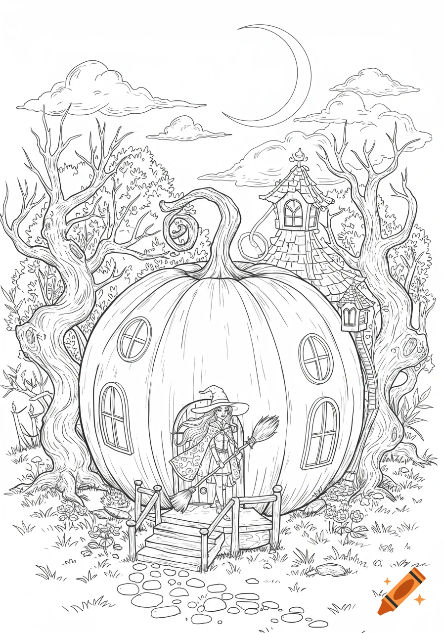 Line art drawing of a witch with a broom standing on steps in front of a pumpkin house under a crescent moon.