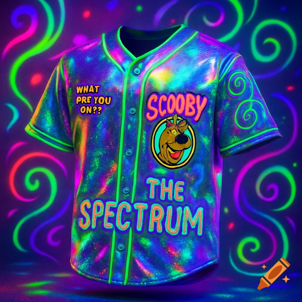 A glowing, neon-colored Scooby Doo-themed baseball jersey with text "SCOOBY THE SPECTRUM" and a Scooby Doo head emblem.